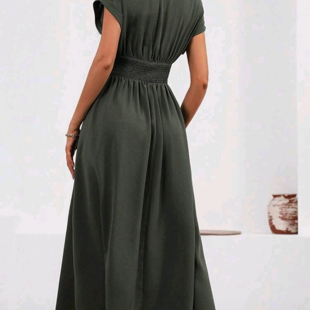 SHEIN Olive Green Midi Dress V Neck Womens Medium - Picture 2 of 6
